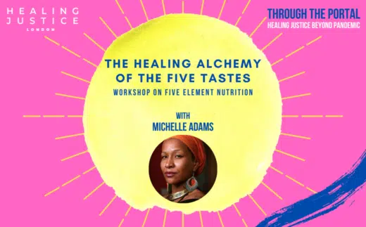 pink and yellow graphic that reads the healing alchemy of the five tastees with michelle adams with a picture of michelle, a black woman with an orange head scarf