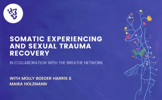 dark blue background with a light blue illustration of a nervous system and white text that reads somatic experiencing and sexual trauma recovery in collaboration with the breathe network