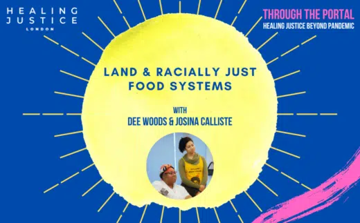 blue and yellow graphic that reads land and racially just food systems with dee woods and Josina Calliste