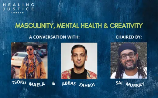 blue textured background with text that reads masculinity, mental health, and creativity a conversation with Tsoku Maela and Abbas Zahedi chaird by Sai Murray