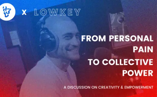 blue and red gradient over an image of Lowkey that reads From personal pain to collective power, a discussion on creativity and empowerment