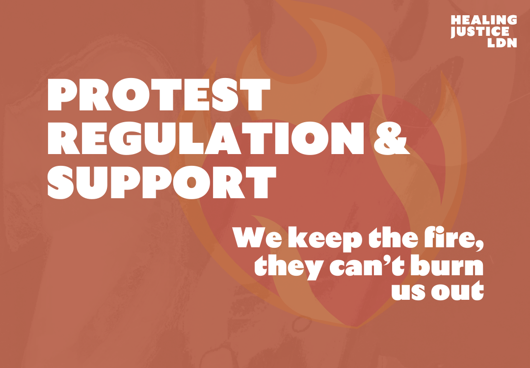 dark orange background with white writing that reads protest regulation and support. We keep the fire, they can't burn us out.