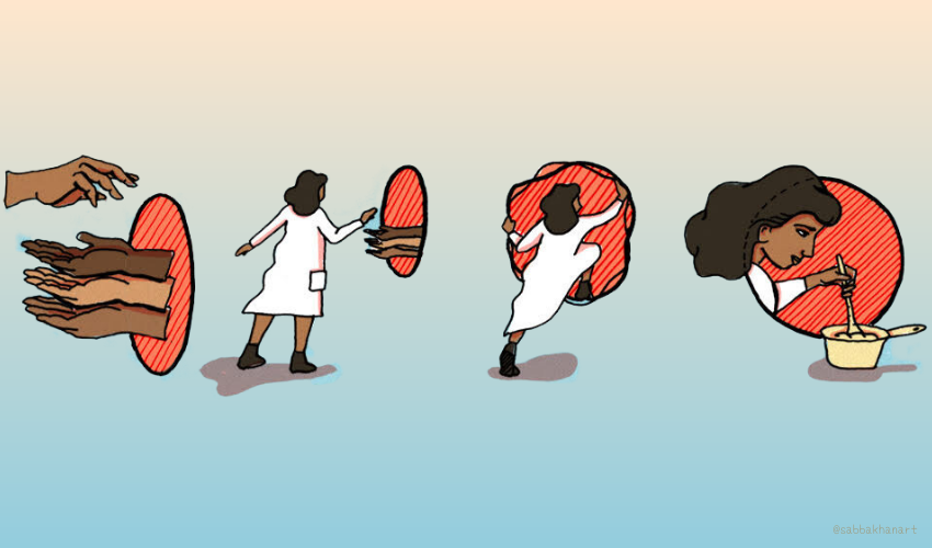 illustration by Sabba Khan of a portal with Black and brown hands reaching through to pull a brown woman in a white dress through towards some food