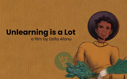 brown paper-effect background with text reading Unlearning a Lot with an illustration of a black person wearing a gold top holding bushels of greens in both arms