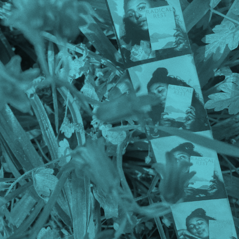 A four frame instant photo of Evie Muir holding her book Radical Rest sits on the grass with purple flowers in the foreground. Image has blue filter on it.