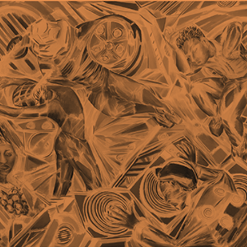 Abstract style colourful illustration of people in various body positions and different angles. Image has orange filter on it
