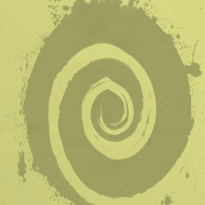 Large spiral set on a plain background, with paint flecks coming off the outside spiral. Image has a green-yellow filter over it.