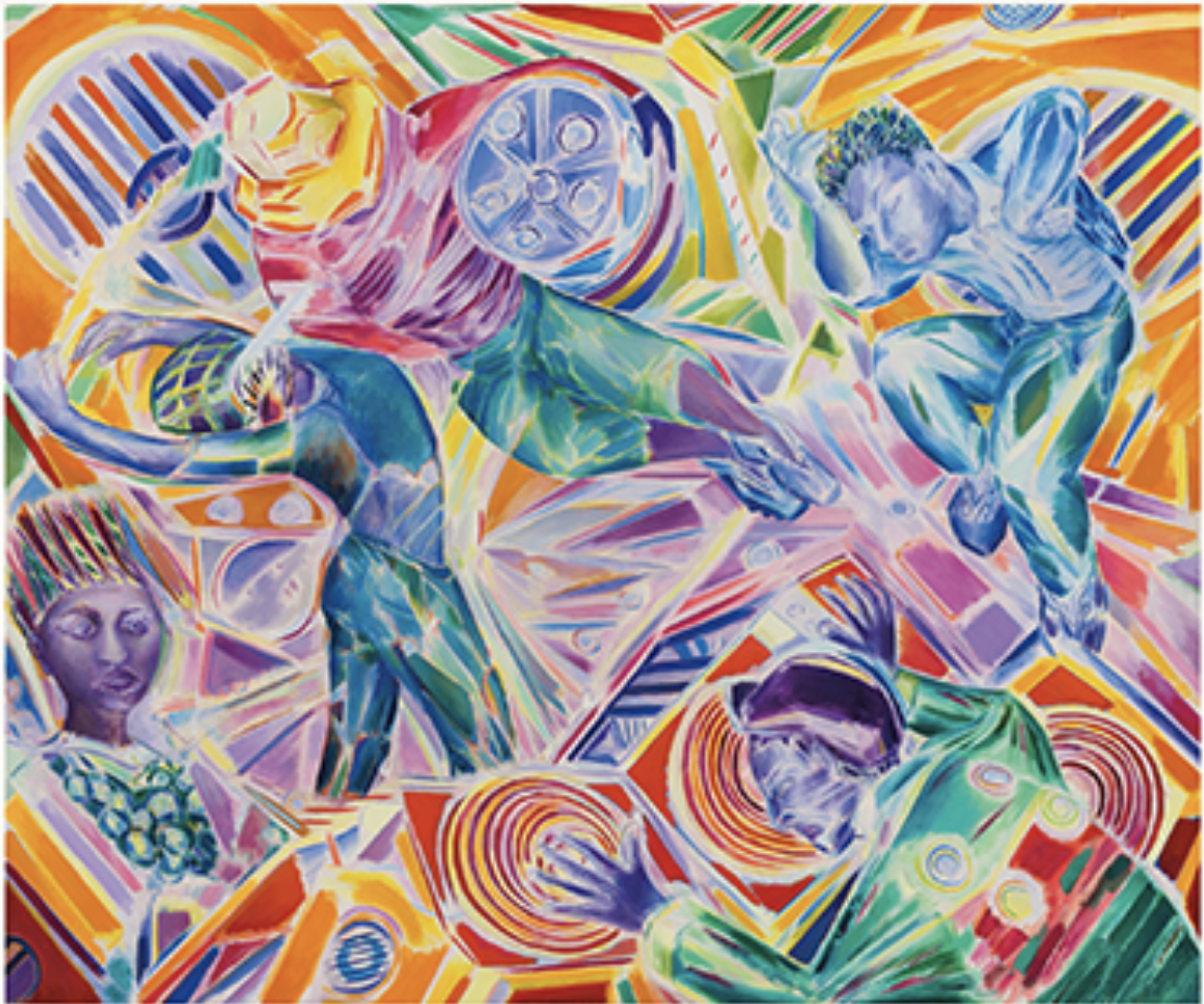 Abstract style colourful illustration of people in various body positions and different angles.