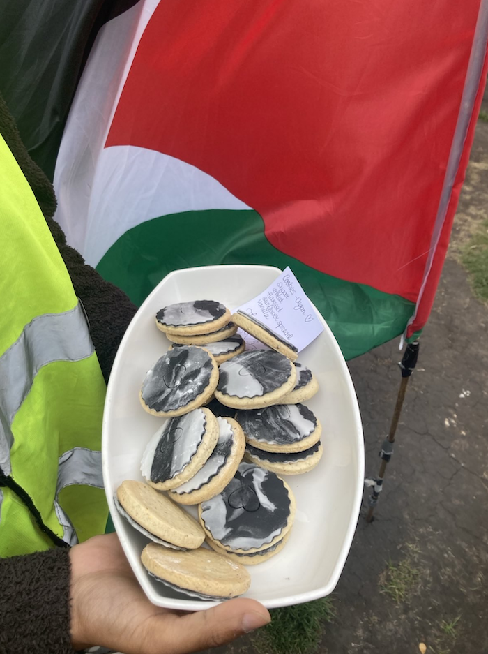 Someone is holding a white plate of biscuits with a Palestine flag in the background