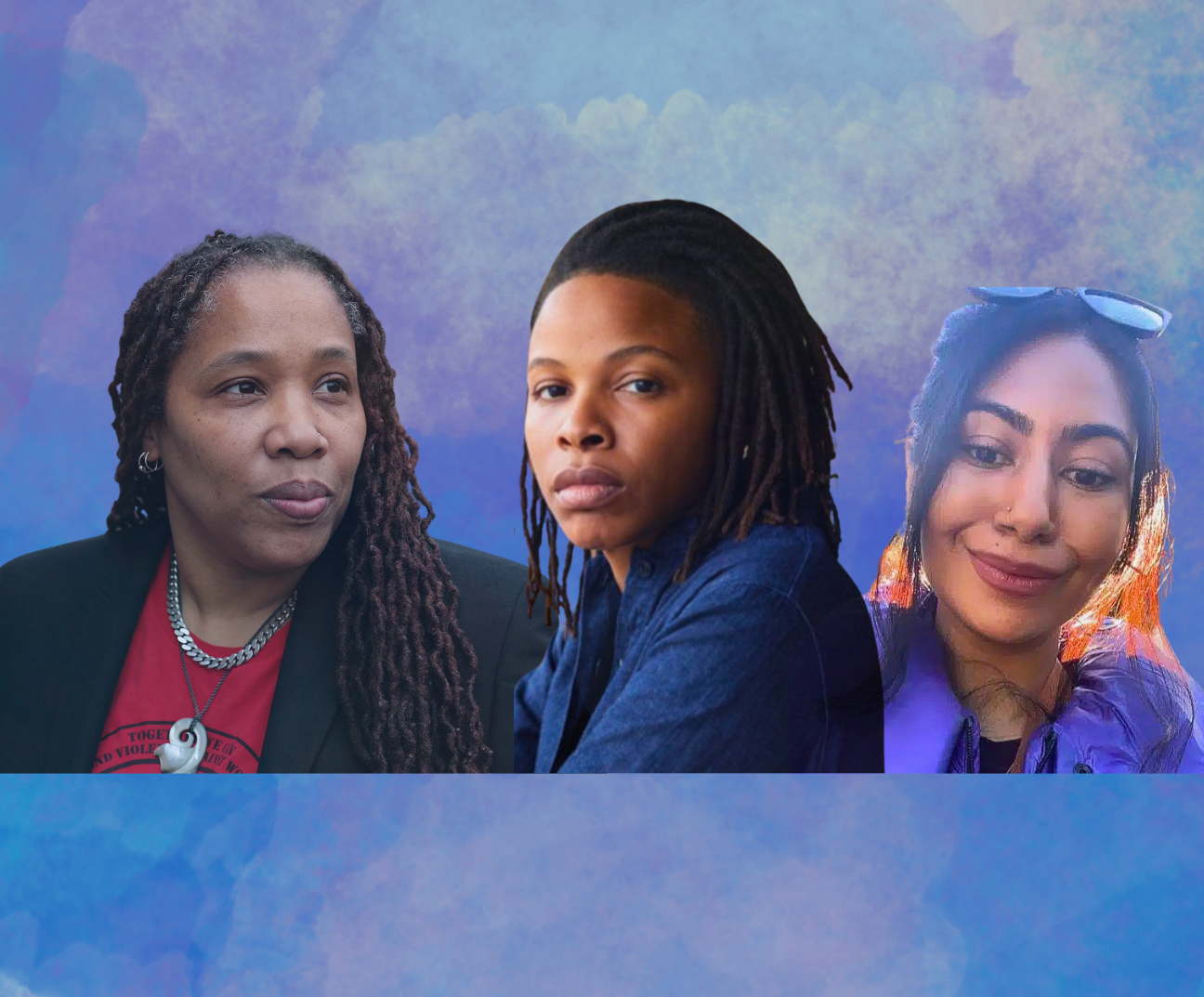 blue and purple watercolour background with portraits of Marai Larasi, Prentis Hemphill, and Farzana Khan.