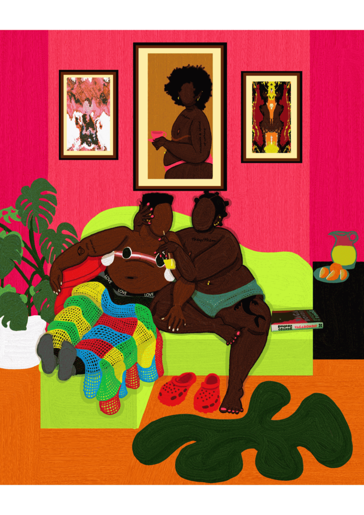 Digital oil painting of two Black trans people sit closely on a green couch in a vibrant room with colourful art on the walls, plants and a fruit bowl. One person is in recovery from top surgery with bandages around their chest and a quilt on their lap. The other is offering them a drink.
