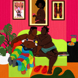 Digital oil painting of two Black trans people sit closely on a green couch in a vibrant room with colourful art on the walls, plants and a fruit bowl. One person is in recovery from top surgery with bandages around their chest and a quilt on their lap. The other is offering them a drink.