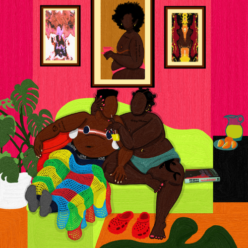 Digital oil painting of two Black trans people sit closely on a green couch in a vibrant room with colourful art on the walls, plants and a fruit bowl. One person is in recovery from top surgery with bandages around their chest and a quilt on their lap. The other is offering them a drink.