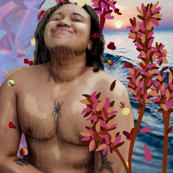Collage background of the sea and scrunched pearlescent paper with pink and brown flowers digitally drawn over the top. Andi, a Black trans masc person is bare-chested, smiling and looking up.