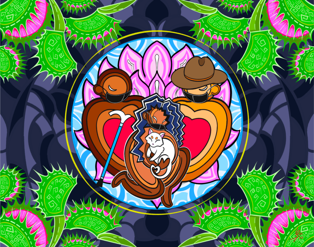 Abstract digital illustration with three people in the centre, one with a walking stick, one with blue hair and holding a white cat, one with a brown hat on, all wearing masks. They are enclosed in a bubble and around them are neon green and pink germ shapes