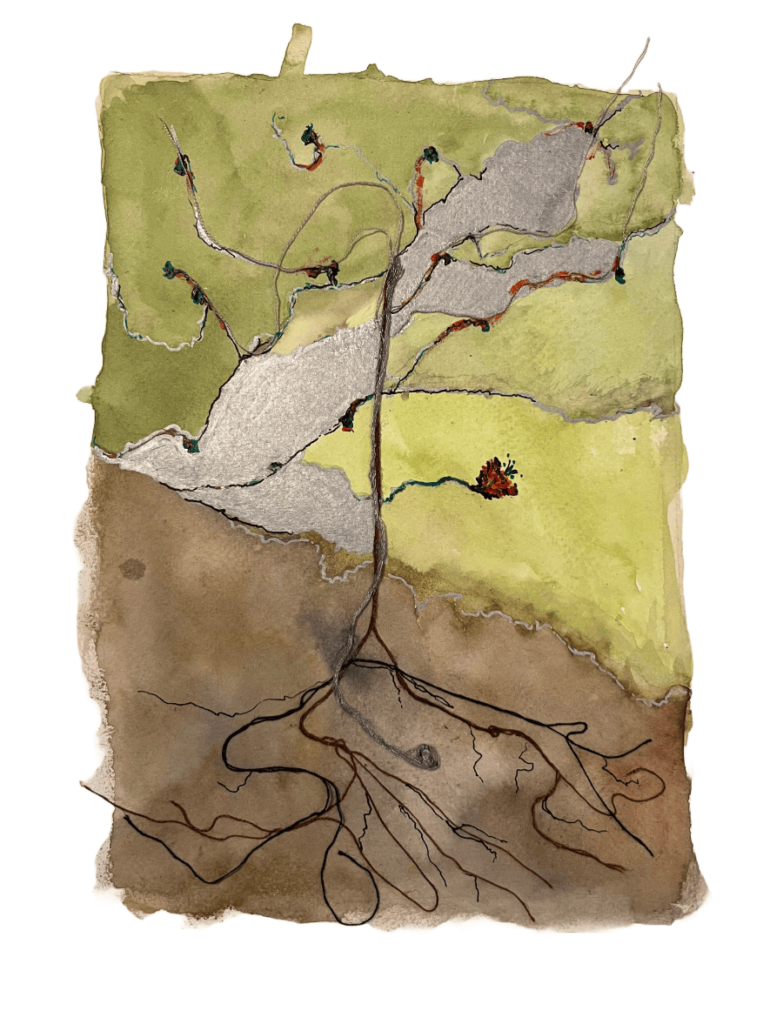 Watercolour and textile art of a tree with roots underground and emerging with red and orange flowers growing outwards