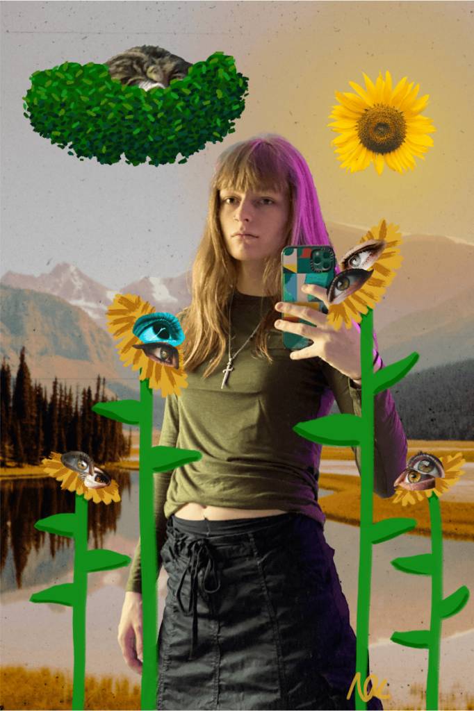 Collaged background of mountains with sunflowers digitally drawn over the top - the centre of the sunflowers are collaged eyes. June, a white trans femme person with blonde hair stands taking a photo in the mirror with her phone wearing a khaki top and black skirt.