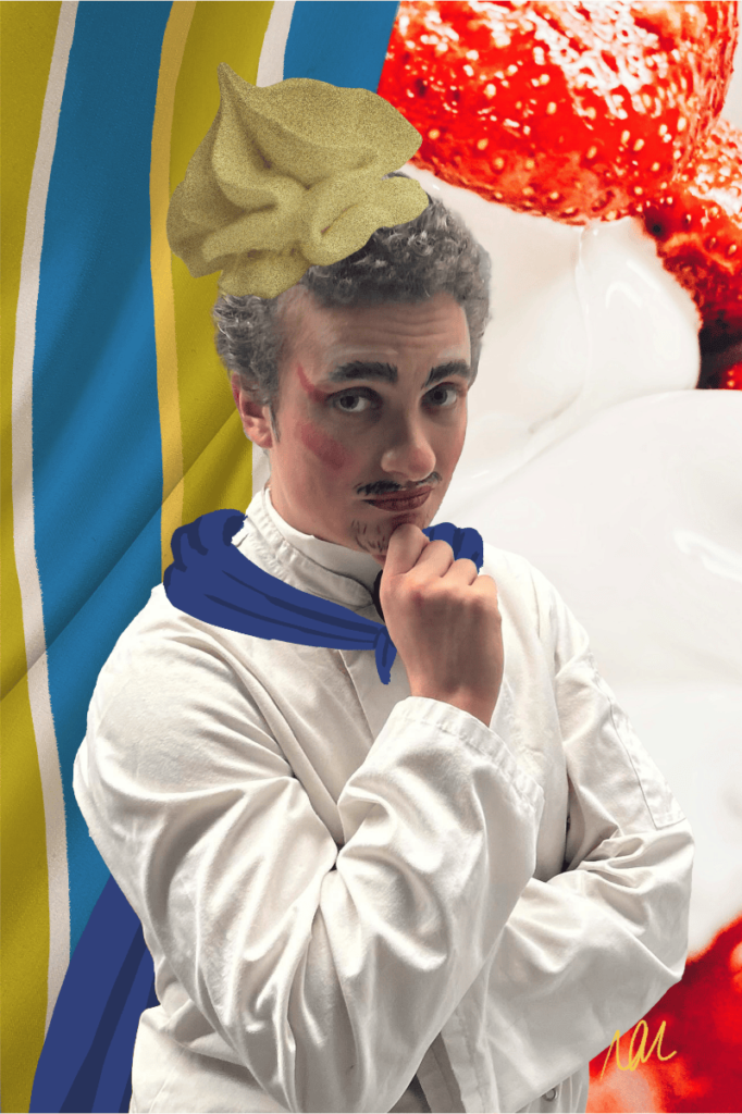 Collaged background of zoomed in strawberries and cream and blue, green and yellow stripes. Tom, a white trans person with short grey hair is posing with his hand on his chin. He's wearing a white chef's shirt and there's a collaged drop of cream on his head.