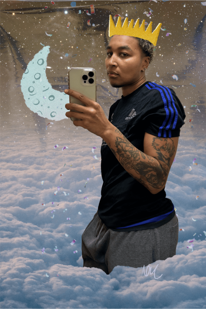 Collaged background of clouds and confetti floating down from the sky. Pharrell, a Black trans person takes a mirror selfie wearing grey tracksuit bottoms and a black sports t-shirt. There's a collaged crown on their head.