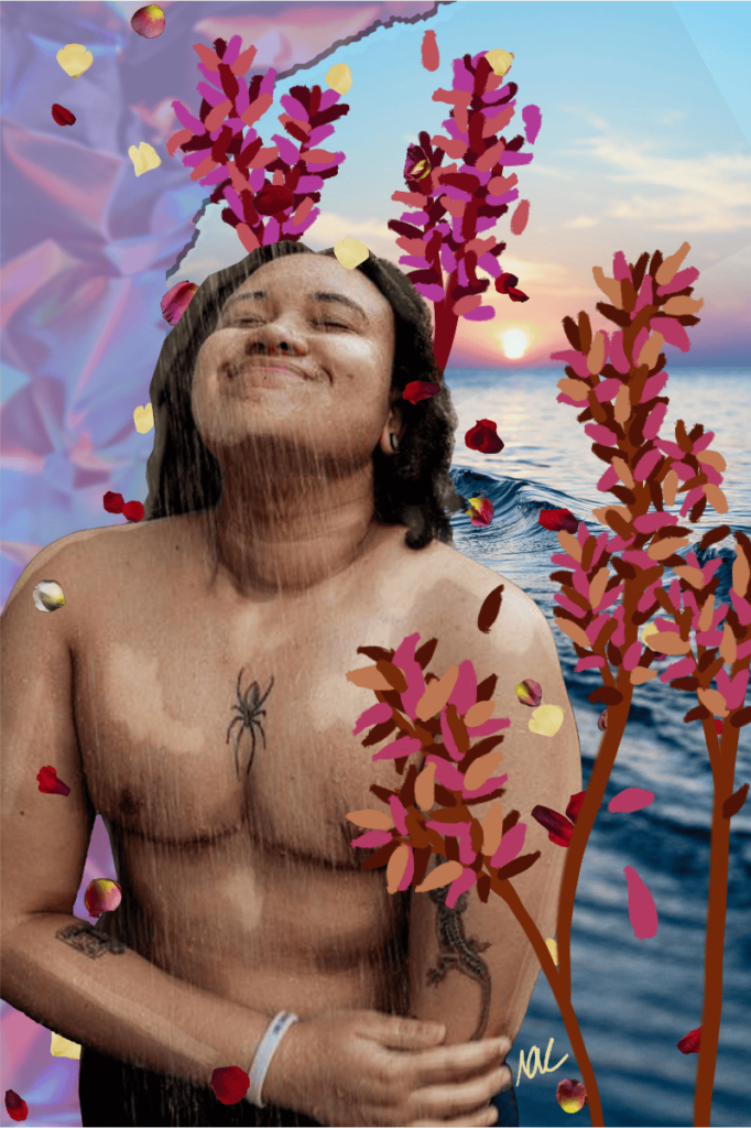 Collage background of the sea and scrunched pearlescent paper with pink and brown flowers digitally drawn over the top. Andi, a Black trans masc person is bare-chested, smiling and looking up.