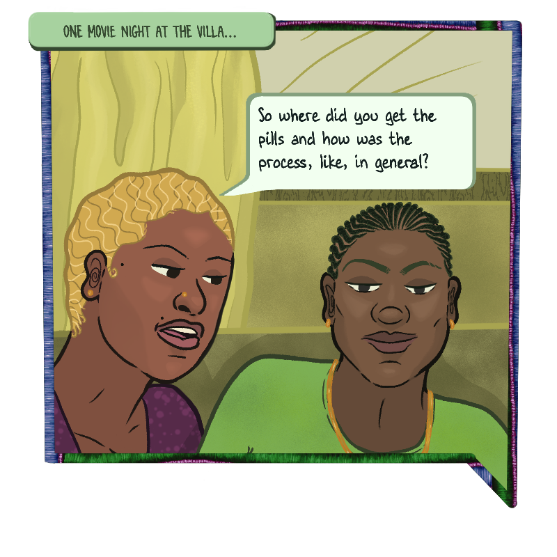 Vim, the Villa events organiser, with golden skin and hair, clothed in a plum patterned dress, leans across the couch to ask Max: “so, where did you get the pills, and how was the process, like, in general?”