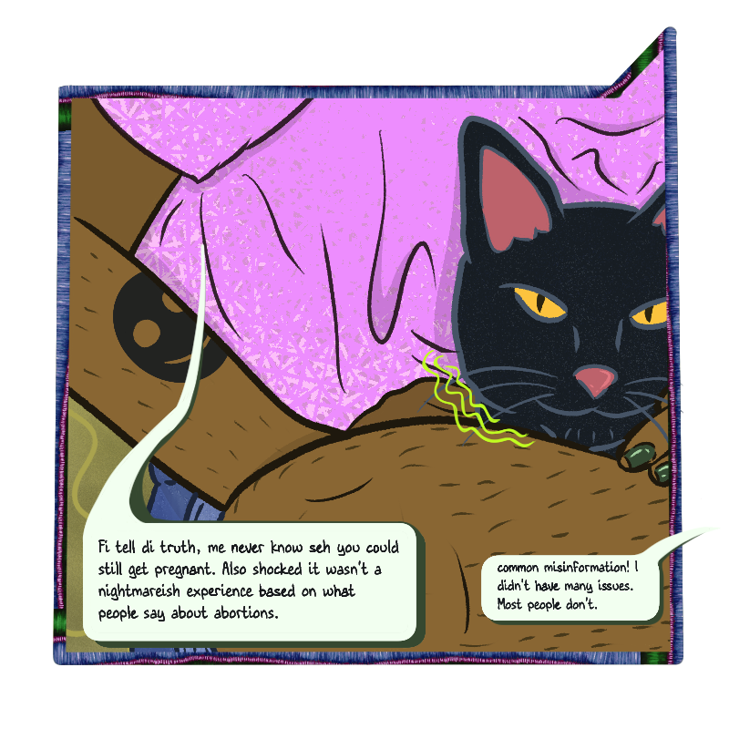 A close up of Deen’s lap shows Ché purring against his pink shirt as she receives gentle head scratches. A chat bubble shows Deen saying: “Fi tell di truth, me never know seh you could still get pregnant. Also shocked it wasn’t a nightmarish experience based on what people say about abortions.” A chat bubble leading to the next panel says: “Common misinformation. I didn’t have many issues, most people don’t.”
