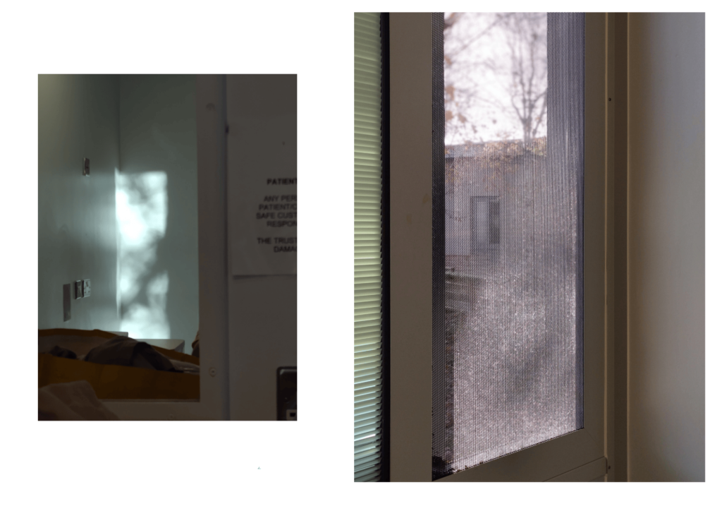 Two photos side by side. On the left, sun and shadows reflecting on a wall of a psych ward room; on the right, sun peeking through a window