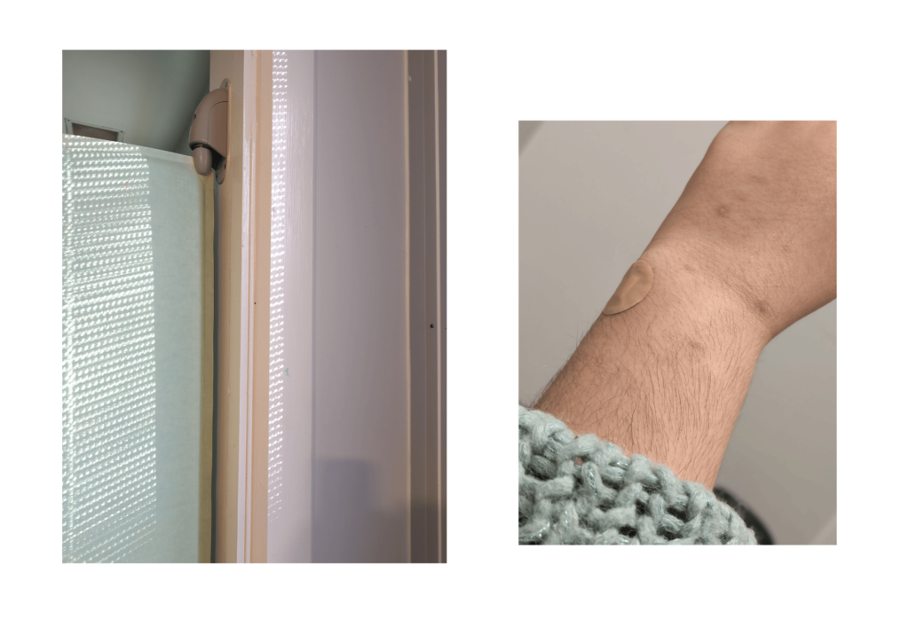 Two photos side by side. On the left, sun and shadows on a doorframe. On the right, Dianna's hand with a small round plaster on the wrist