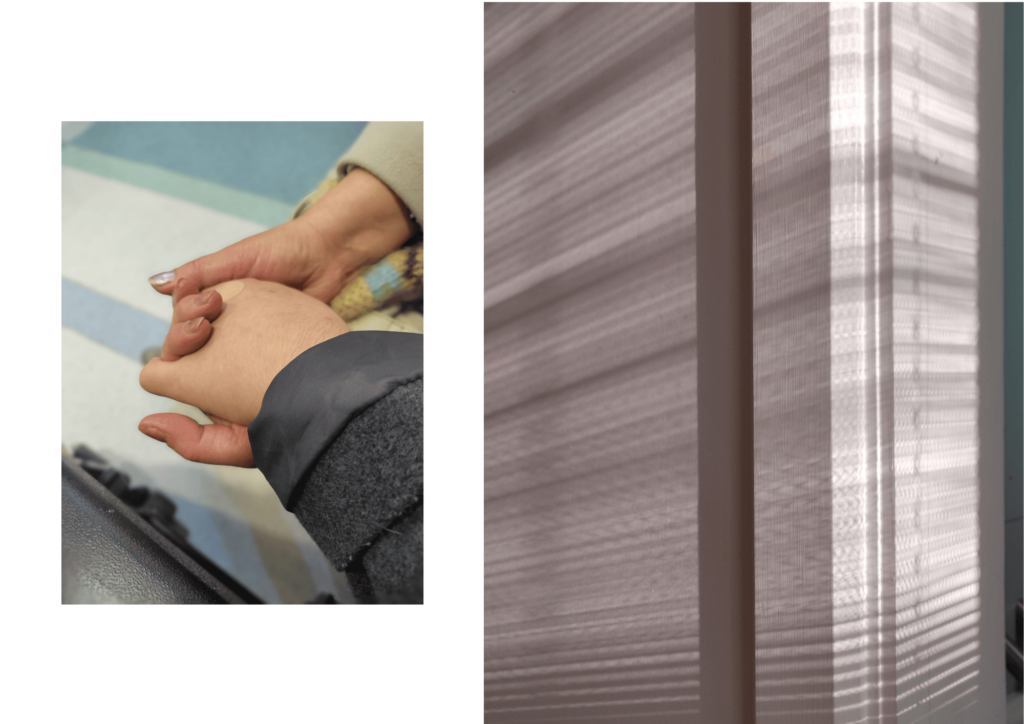 Two photos side by side. On the left, Dianna holding her mother's hand. On the right, sun and shadows reflect on a wall