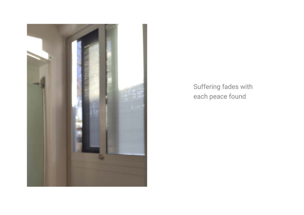 On the left, a photo of sun streaming through a window in a psych ward room. On the right, words read: "Suffering fades with each peace found"