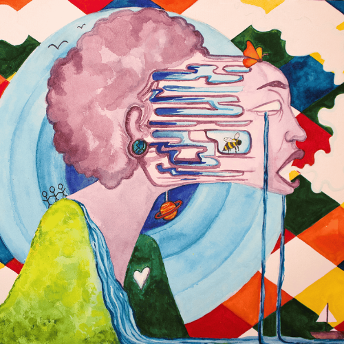 A person with a purpley-pink afro whose face is being pulled away from their head and body as they scream and cry set against a background of multicoloured squares