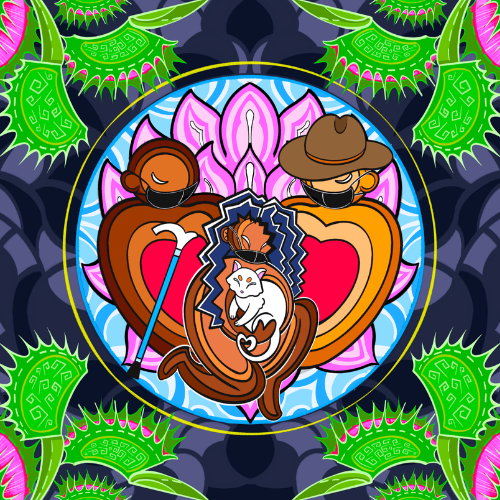 Abstract digital illustration with three people in the centre, one with a walking stick, one with blue hair and holding a white cat, one with a brown hat on, all wearing masks. They are enclosed in a bubble and around them are neon green and pink germ shapes