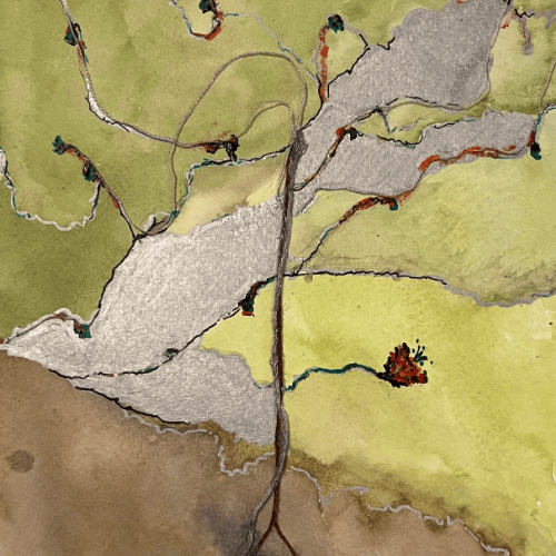 Watercolour and textile art of a tree with roots underground and emerging with red and orange flowers growing outwards