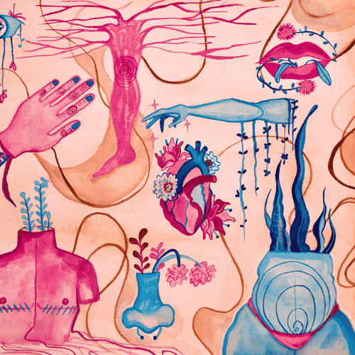 Disjointed body parts with flowers, leaves and herbs growing from them.