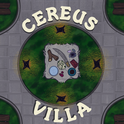 The night is a blueish-purple hue. A bird’s eye view of the Cereus Villa’s courtyard shows the title “Cereus Villa” in circular text surrounding the courtyard’s grassy centre. There is a lantern lit community altar which is home to a bowl of water, a machete, white flowers, coffee, red envelopes, and offerings of ground provision.