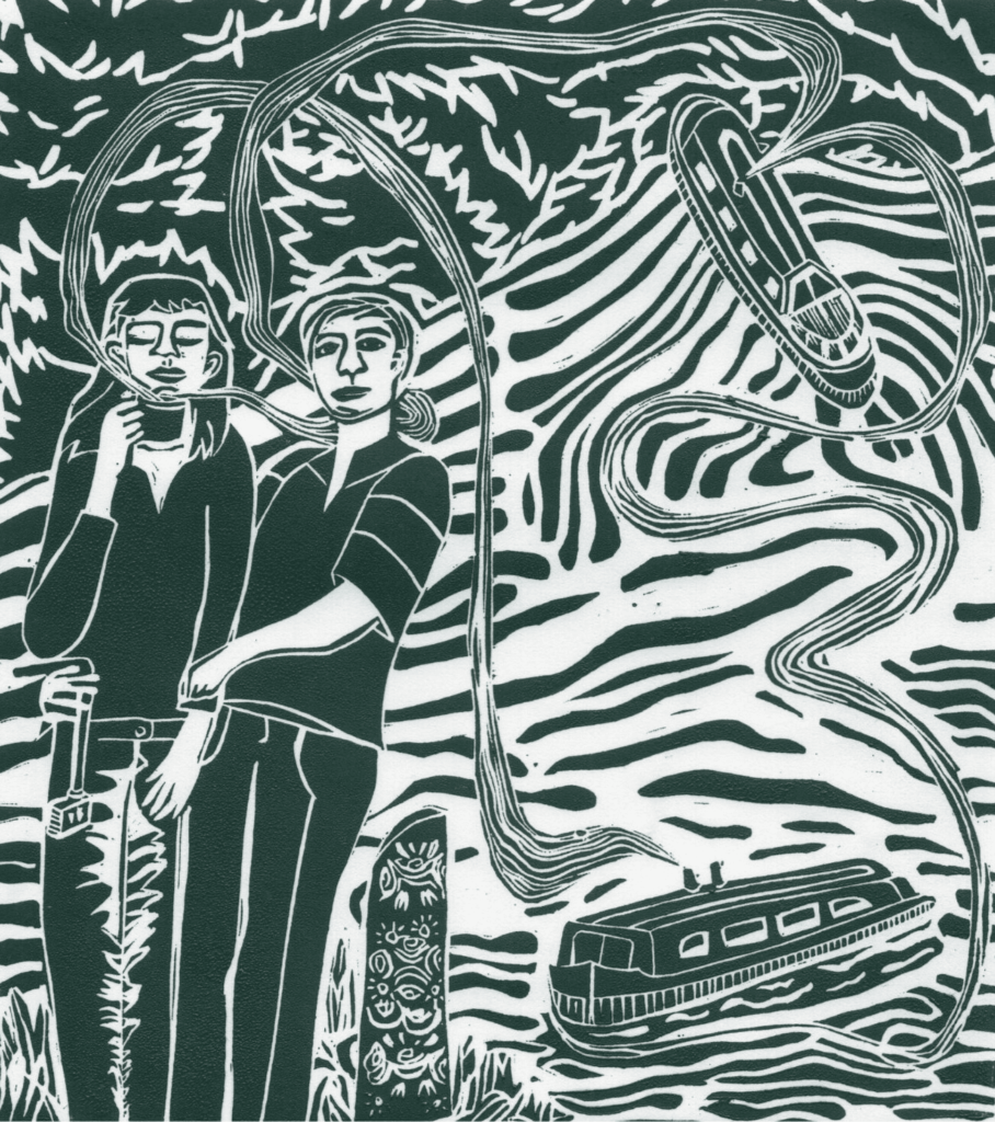 Dark green linocut image of two narrowboats on a swirling canal with two people in the left corner lightly embracing. There are swirling lines connecting the boats and the people together