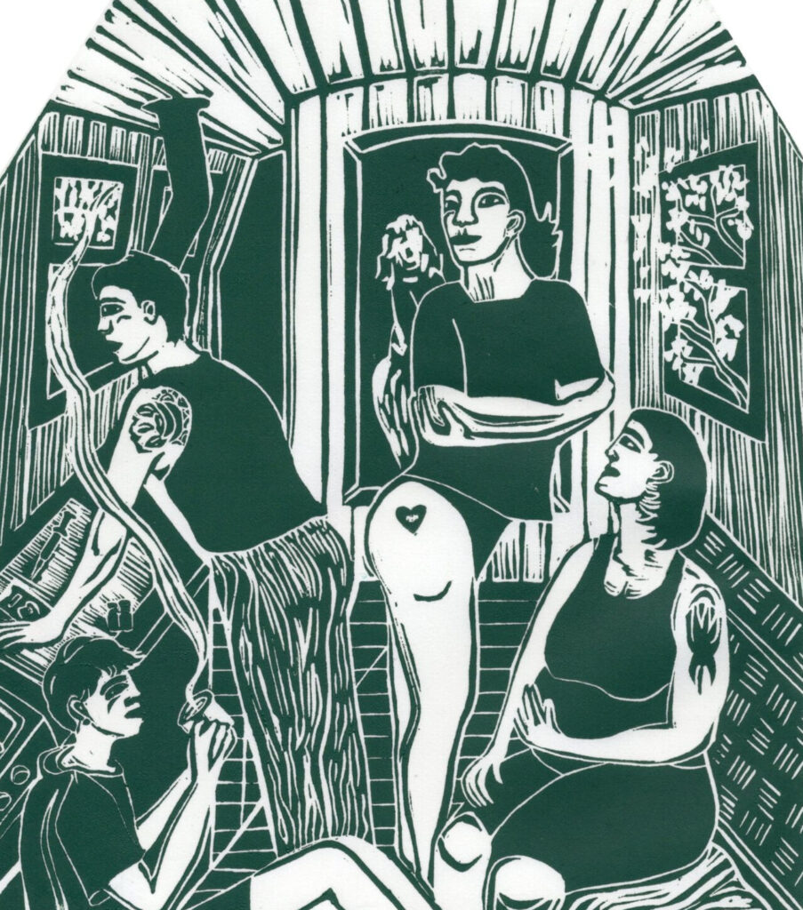 Dark green linocut image of four trans people sat together inside a canal boat