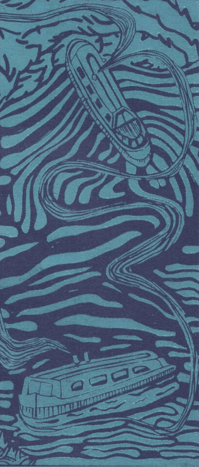 Dark and light blue lino cut image of boats on the canal with swirling water
