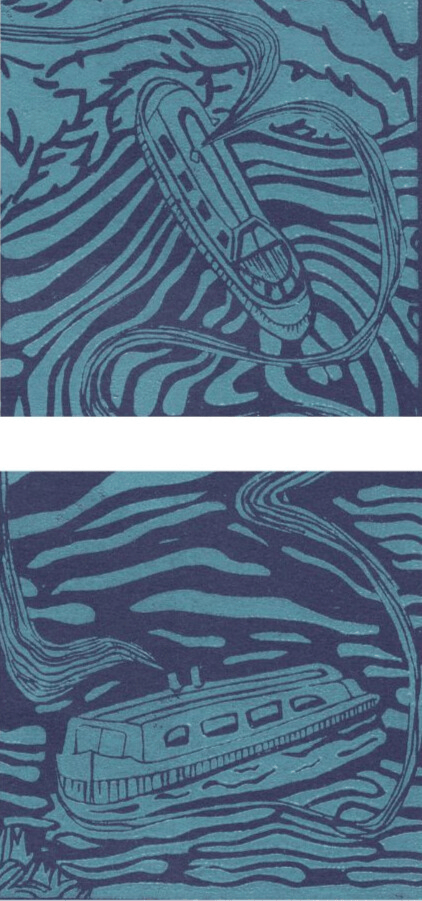 Dark and light blue lino cut image of boats on the canal with swirling water