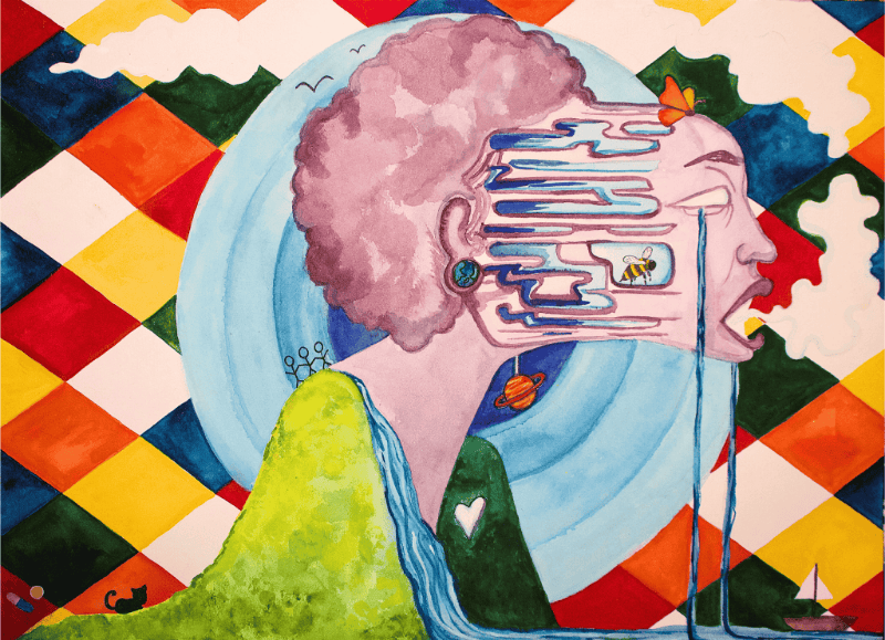 A person with a purpley-pink afro whose face is being pulled away from their head and body as they scream and cry set against a background of multicoloured squares