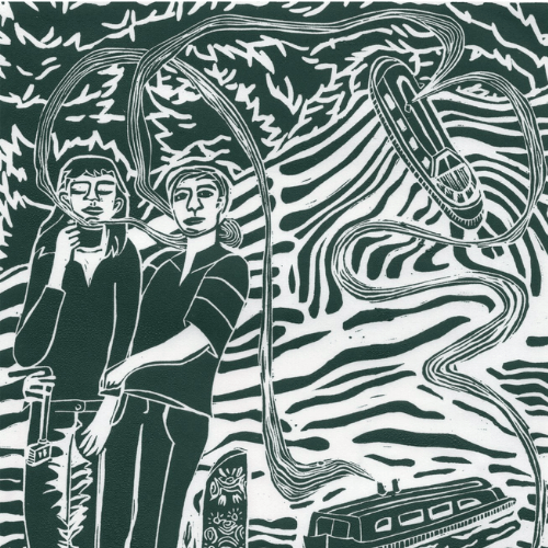 Dark green lino cut image of canal water with two boats and two people lightly embracing in the corner with swirls connecting the people and the boats together