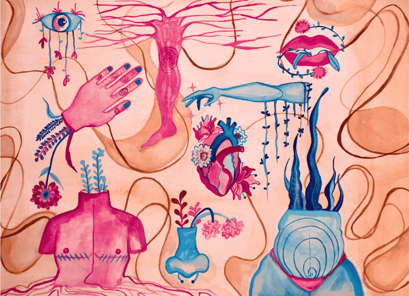 Disjointed body parts with flowers, leaves and herbs growing from them all in the blue and pink colours of the trans flag