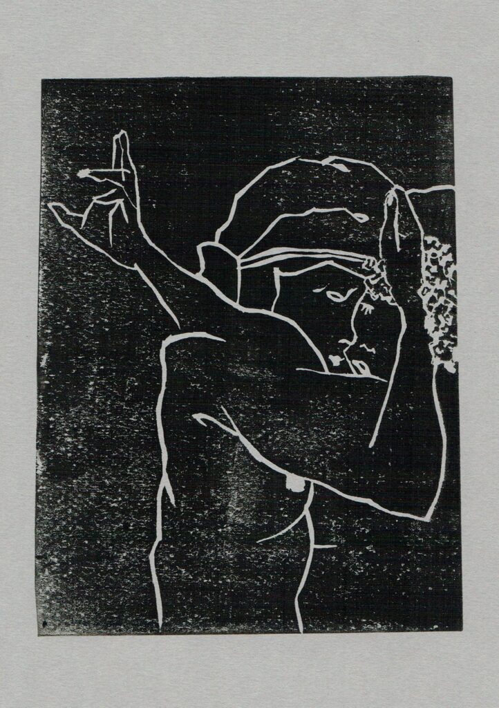 A line drawing depicting an embrace between two women in the style of a Klimt painting