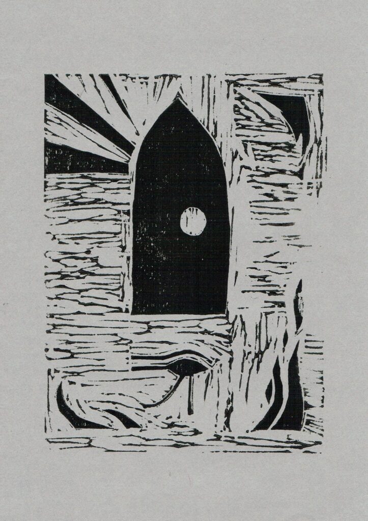 An arched doorway through which there's a glimpse of the moon, set against fire and water imagery