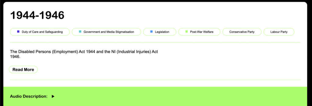A screenshot of the Deaths by Welfare timeline that reads 1944-1946, The disabled person's (employment) Act 1944 and the NI (industrial injusties) act 1946.