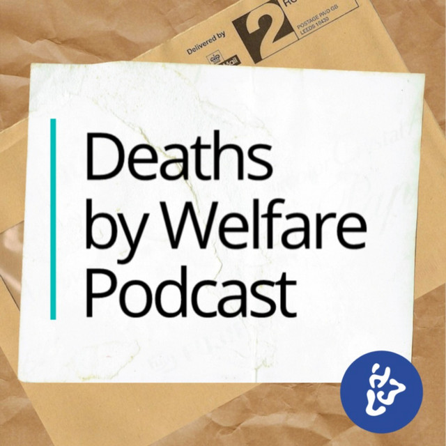 graphic with sepia toned envelope and Deaths by Welfare Podcast